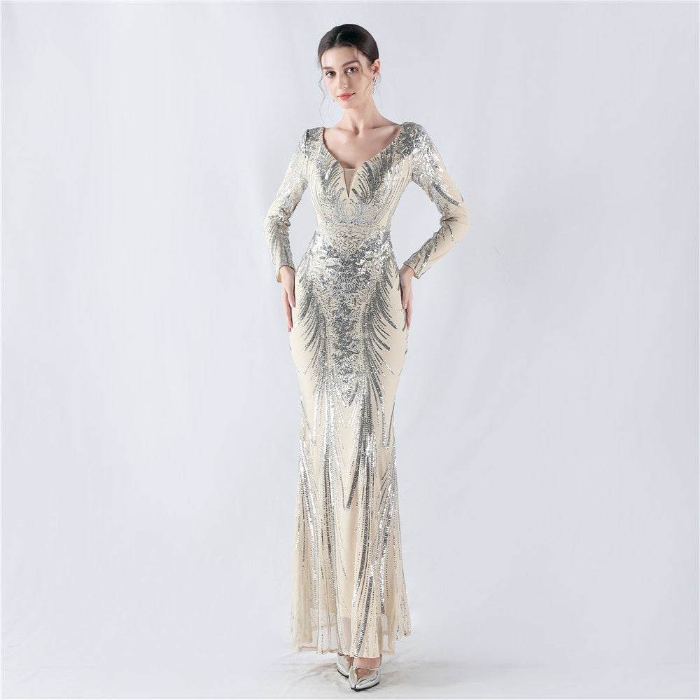 Beaded Long Sleeve Formal Dress