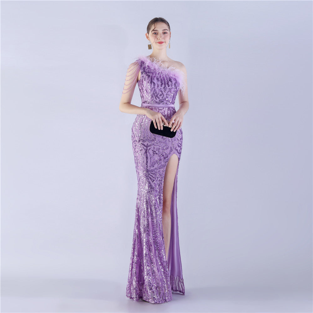 Hera-31292-Ostrich Fur Slant Neck One Shoulder Formal Dress