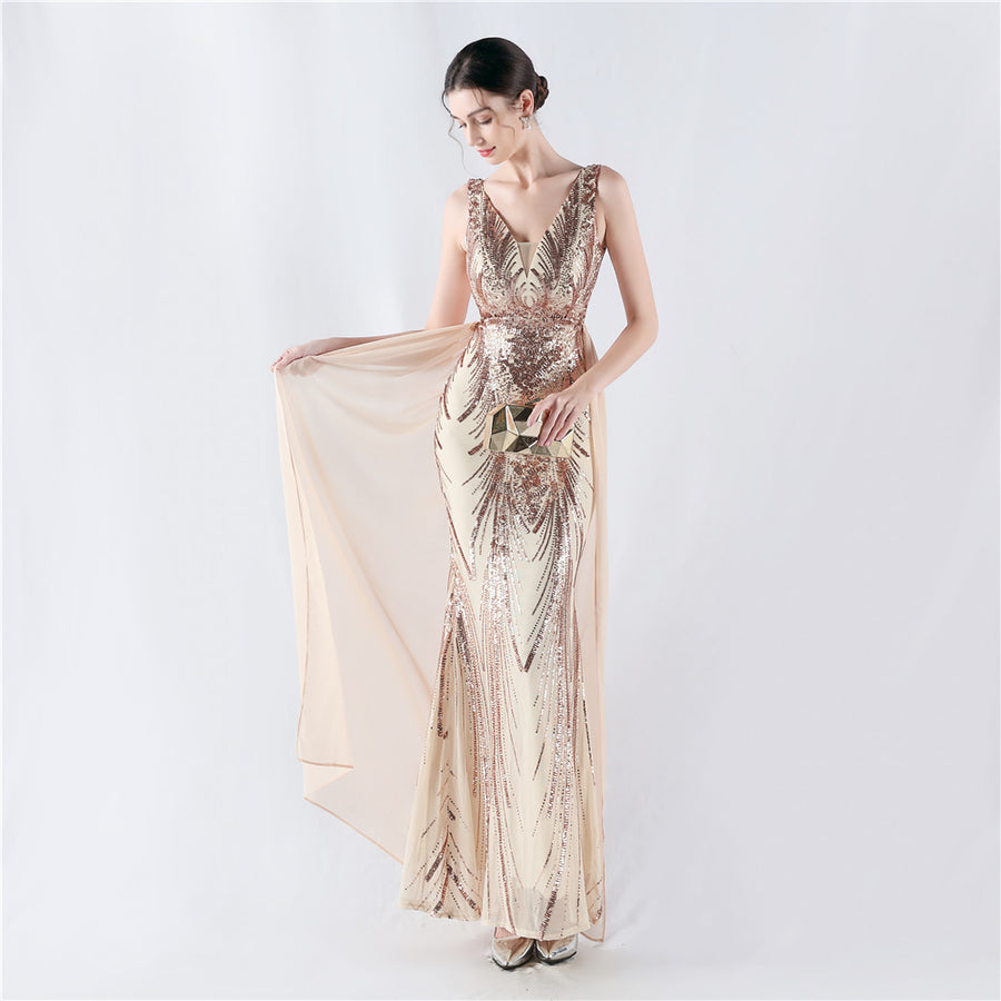 Positioned Flower Beaded Formal Dress