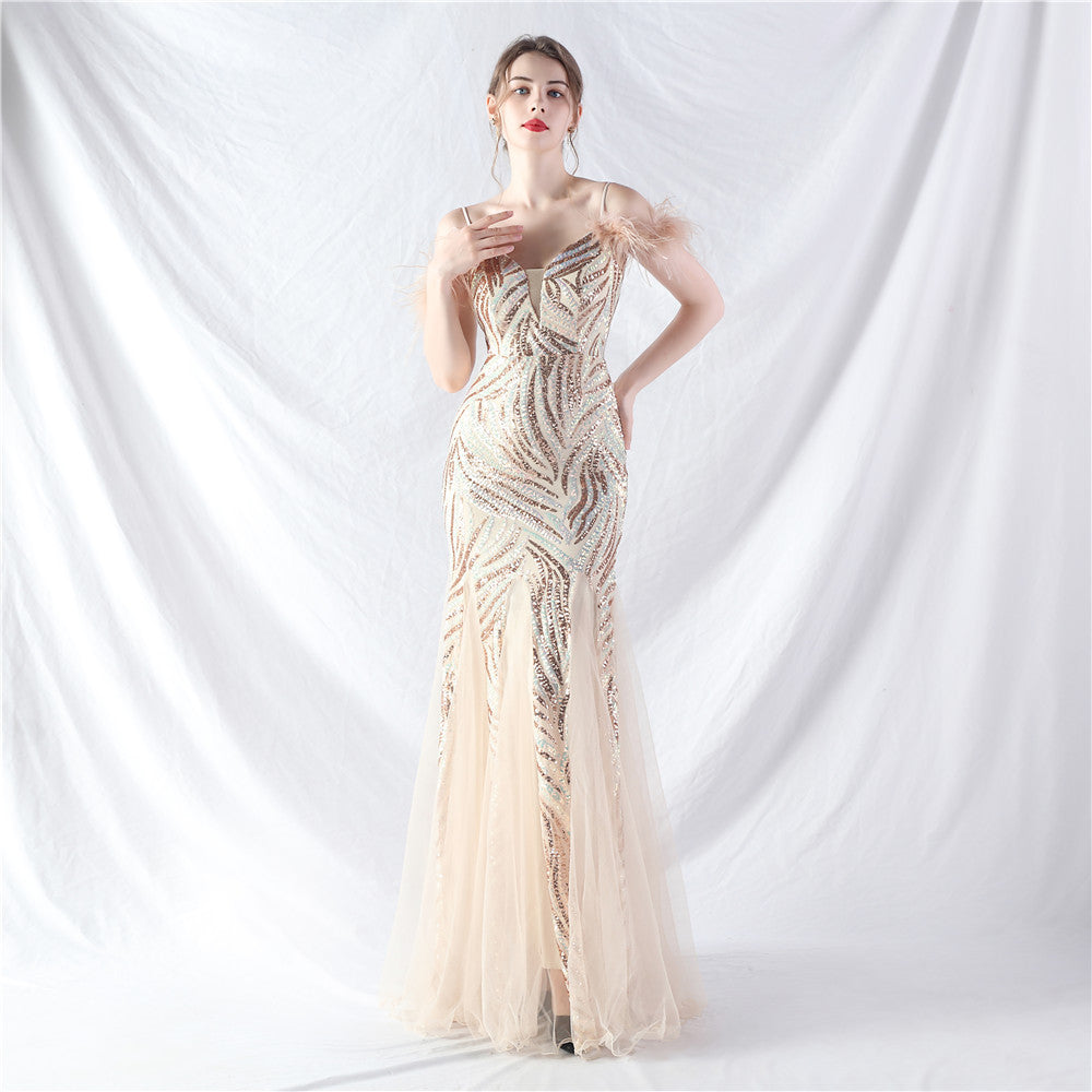 Beaded Patchwork Mesh Formal Dress