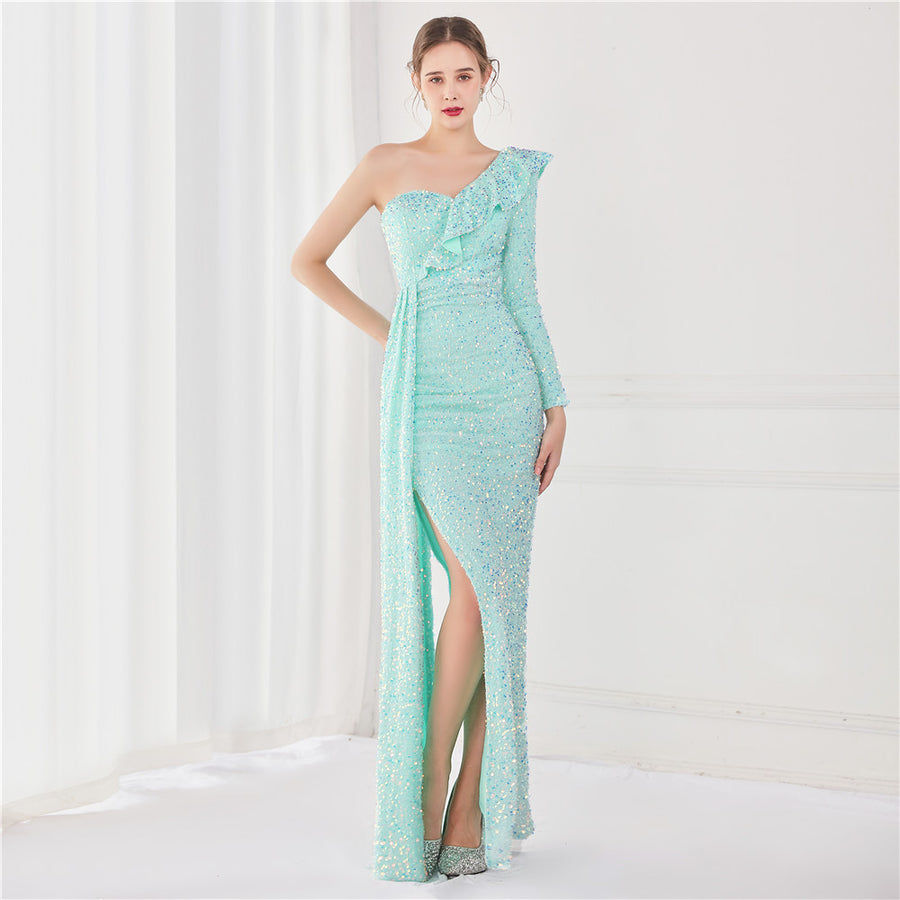 One Shoulder Side Split Formal Dress