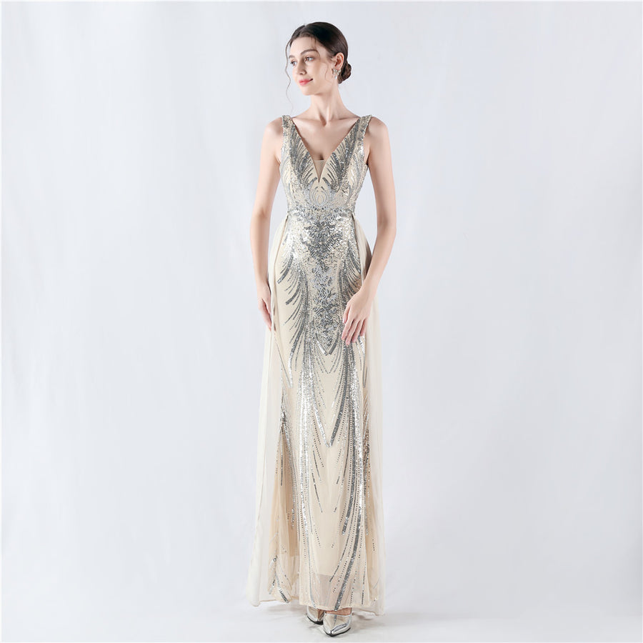 Positioned Flower Beaded Formal Dress
