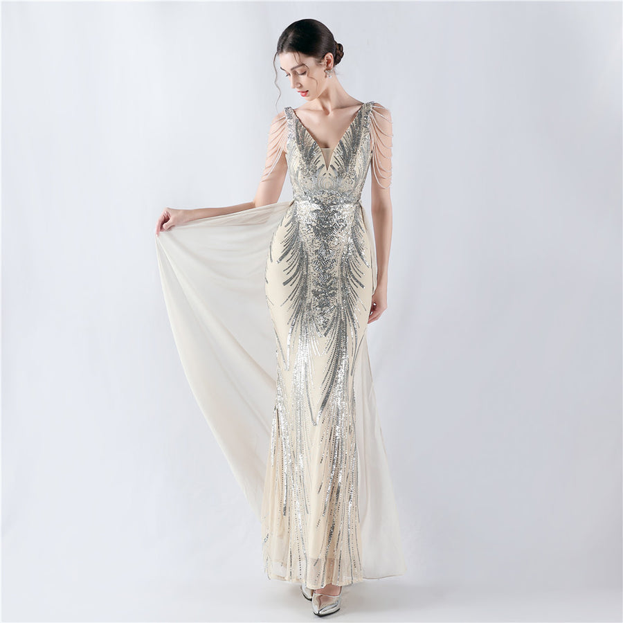 Positioned Flower Beaded Formal Dress (with cape)