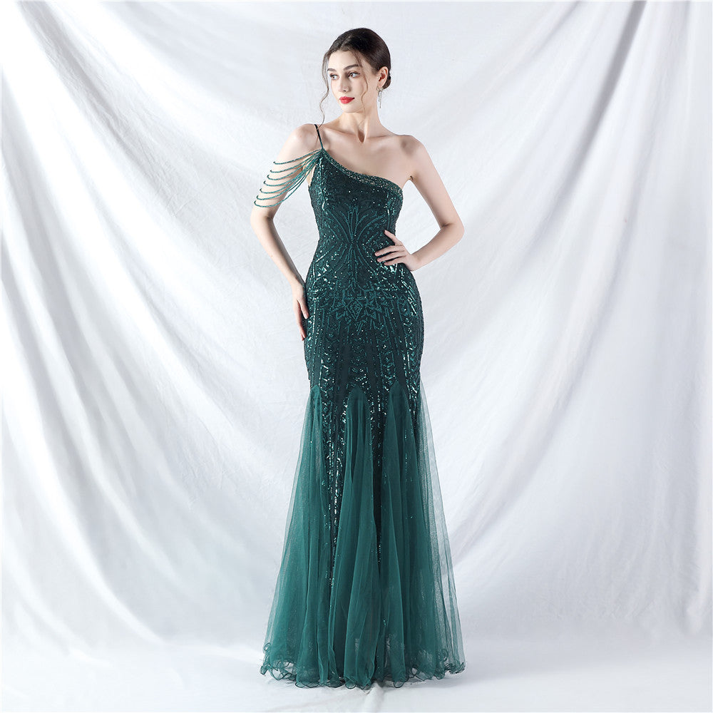 Beaded Patchwork Mesh One Shoulder Formal Gown