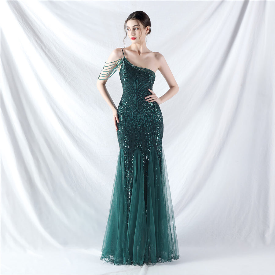 Beaded Patchwork Mesh One Shoulder Formal Gown