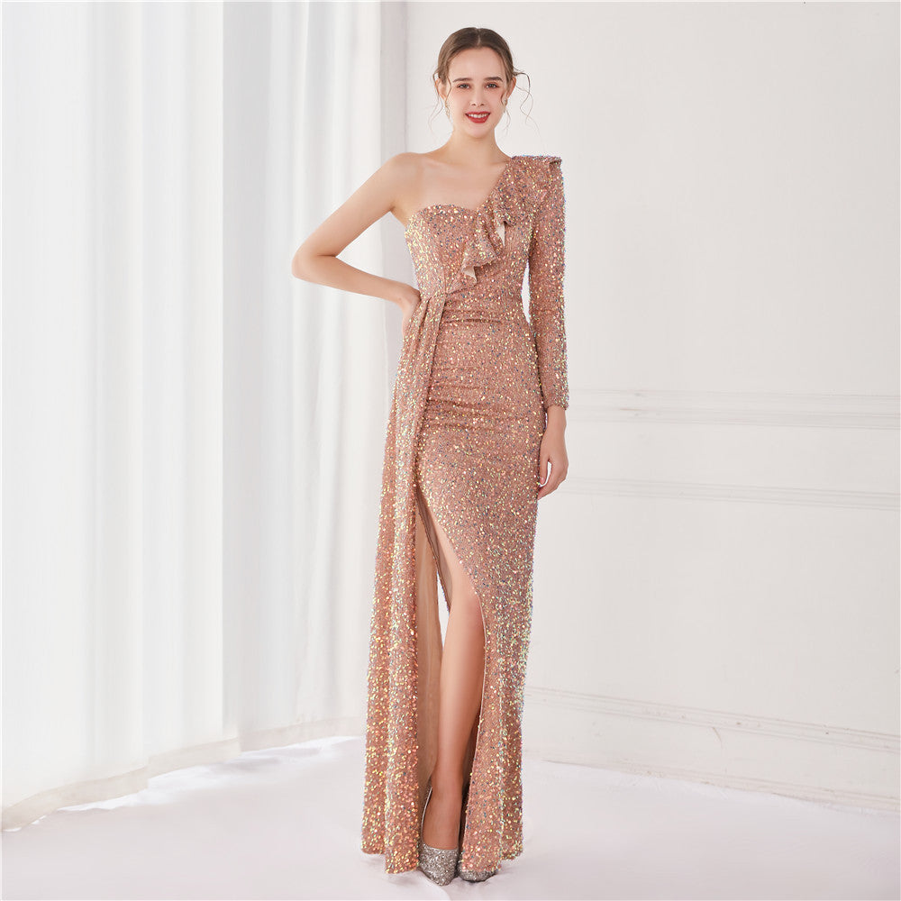 One Shoulder Side Split Formal Dress