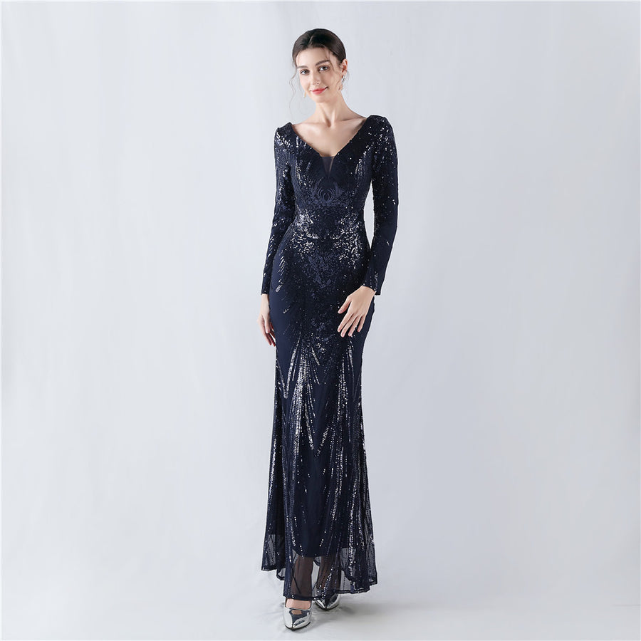 Beaded Long Sleeve Formal Dress