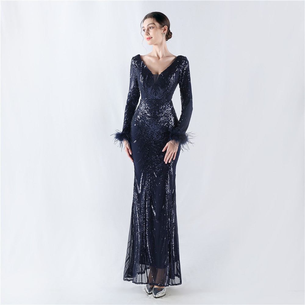 Positioned Flower Ostrich Fur Formal Dress