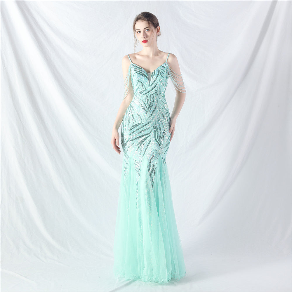Beaded Patchwork Mesh Formal Dress