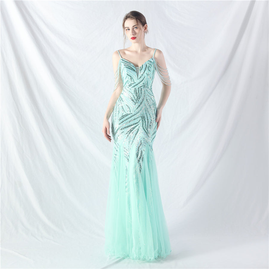 Beaded Patchwork Mesh Formal Dress