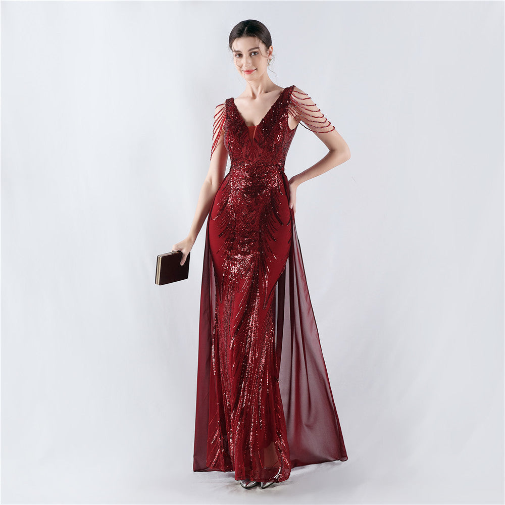 Positioned Flower Beaded Formal Dress (with cape)