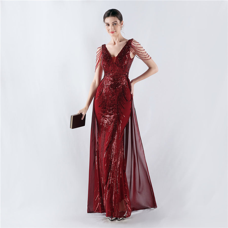 Positioned Flower Beaded Formal Dress (with cape)