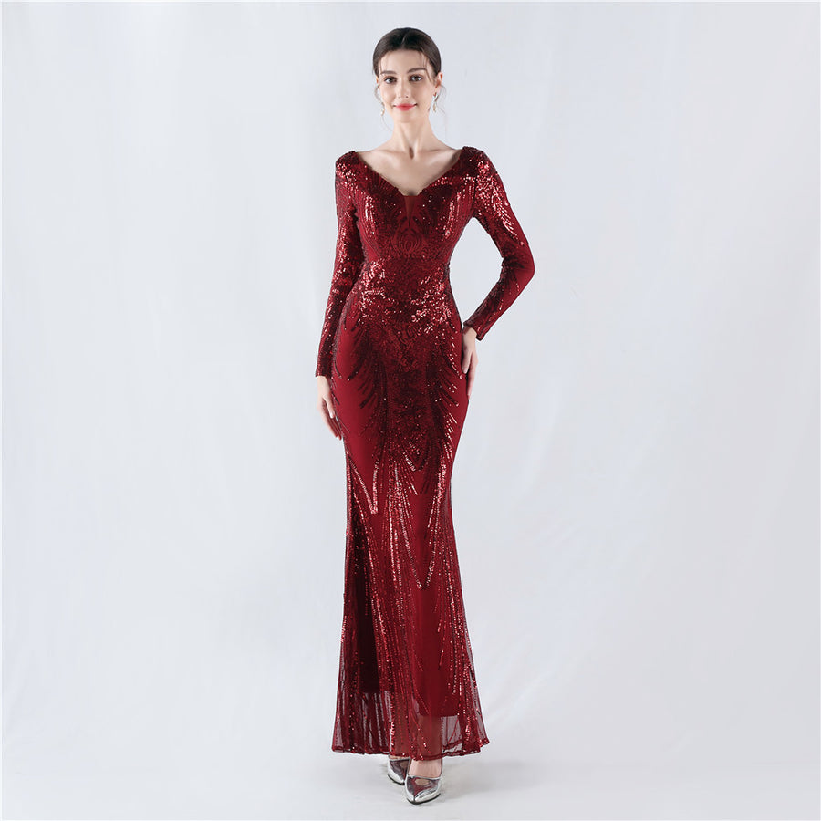 Beaded Long Sleeve Formal Dress