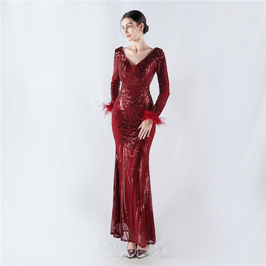 Positioned Flower Ostrich Fur Formal Dress