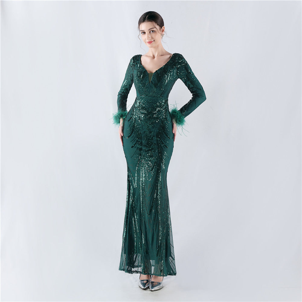 Positioned Flower Ostrich Fur Formal Dress