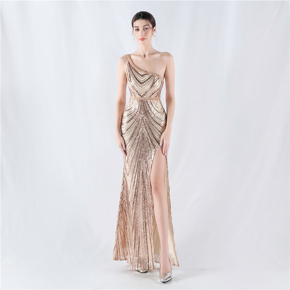 Beaded High Cut One Shoulder Formal Dress