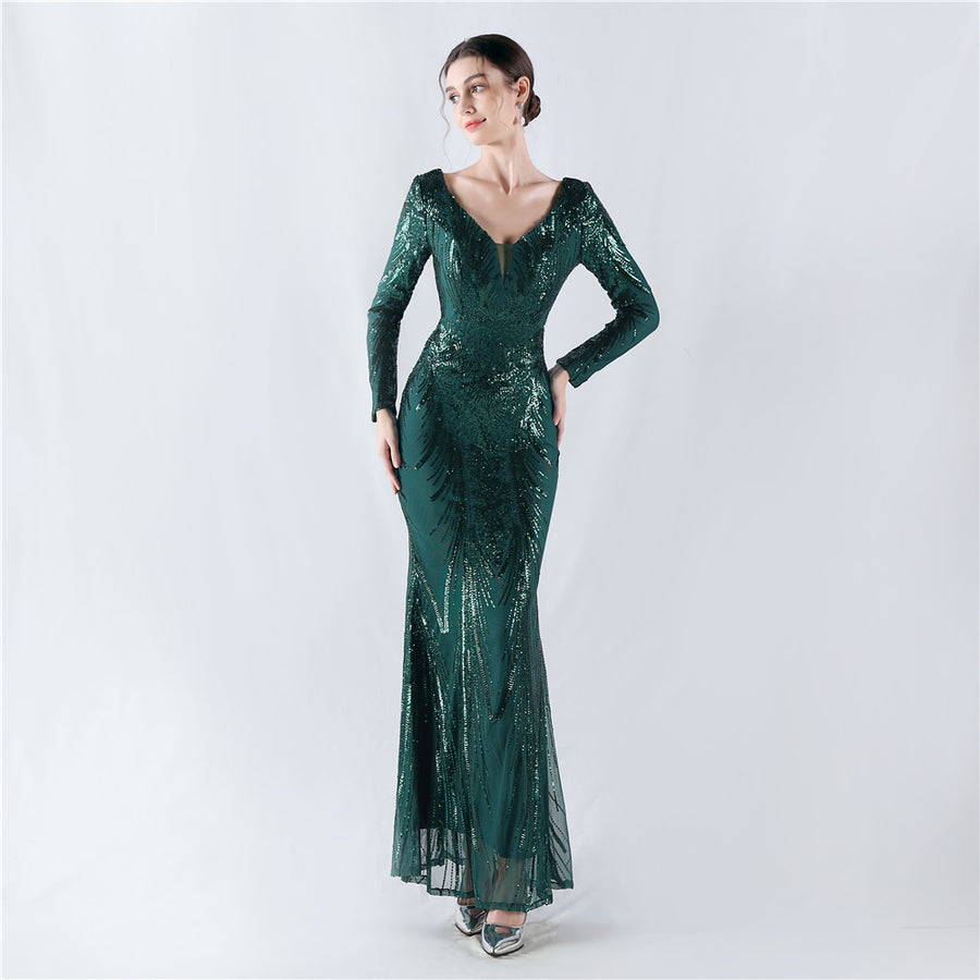 Beaded Long Sleeve Formal Dress