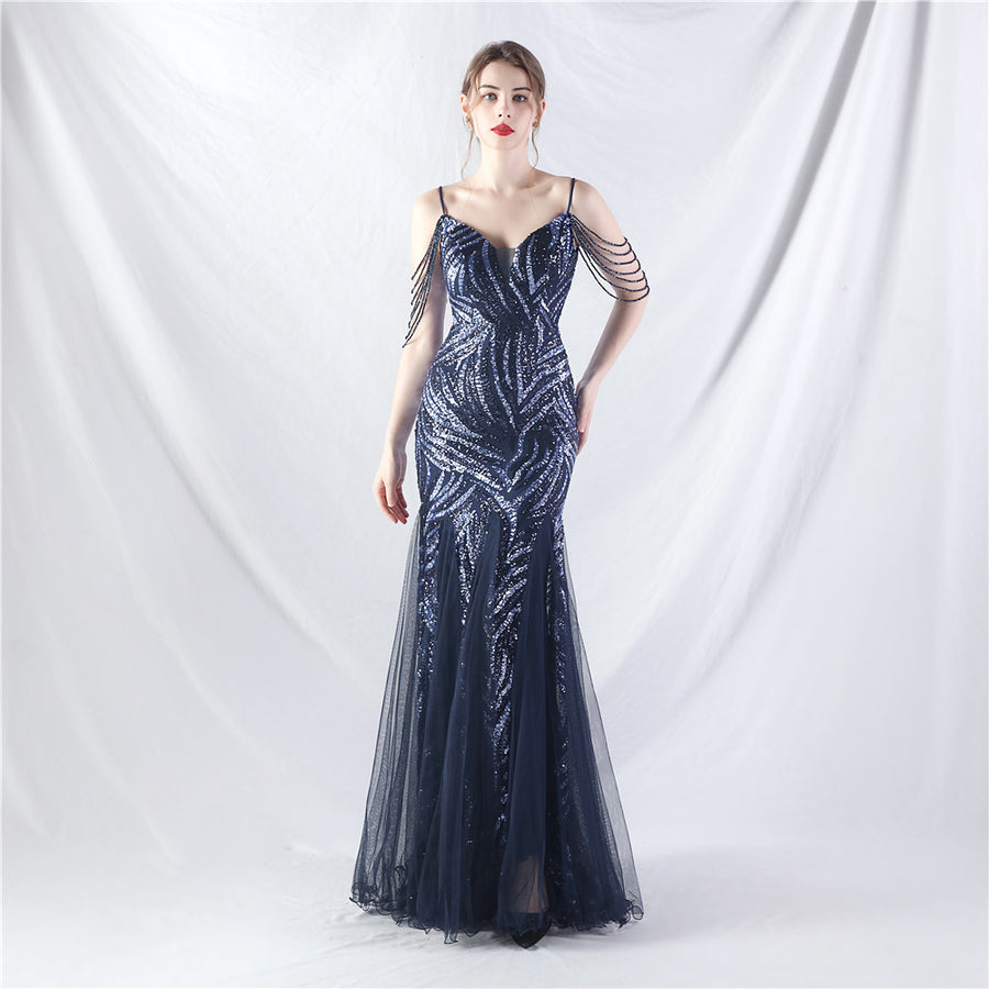 Beaded Patchwork Mesh Formal Dress