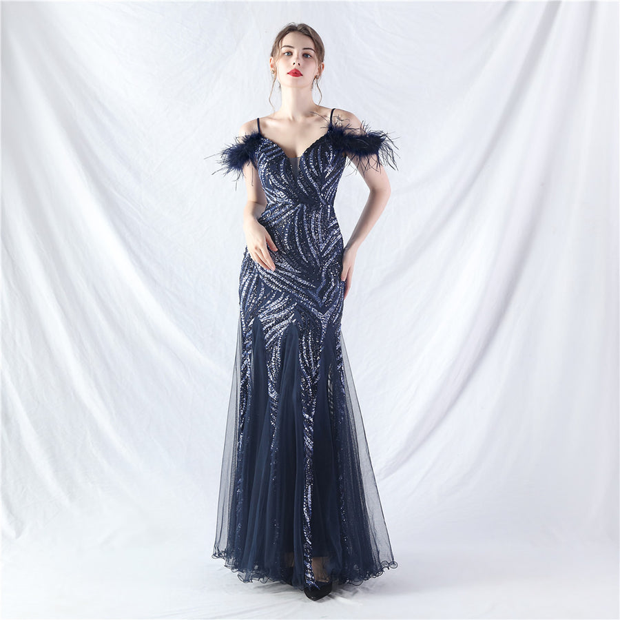 Beaded Patchwork Mesh Formal Dress