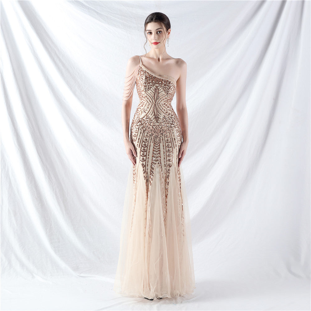 Beaded Patchwork Mesh One Shoulder Formal Gown