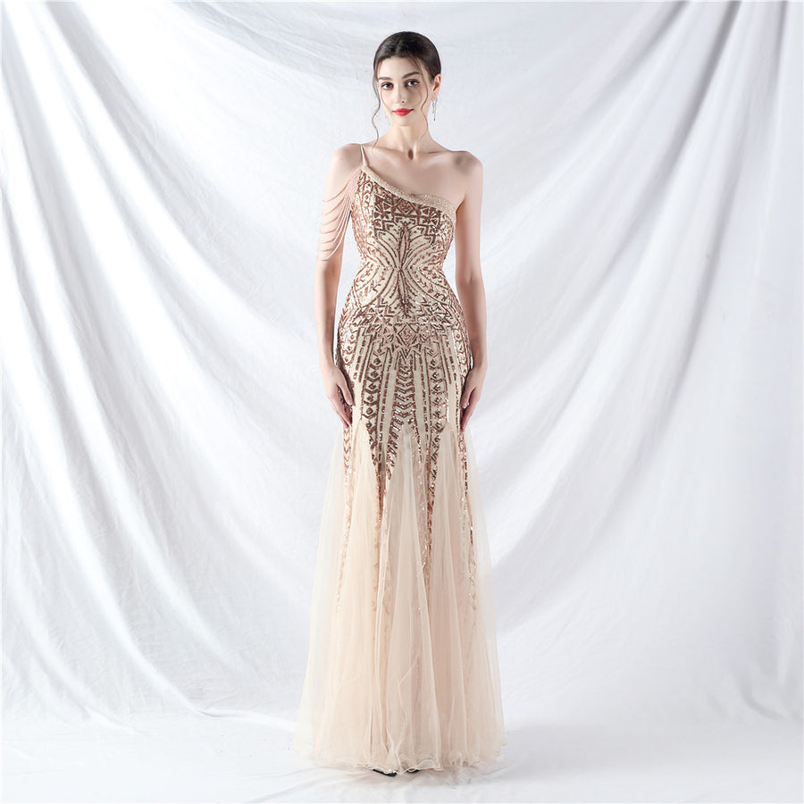 Beaded Patchwork Mesh One Shoulder Formal Gown