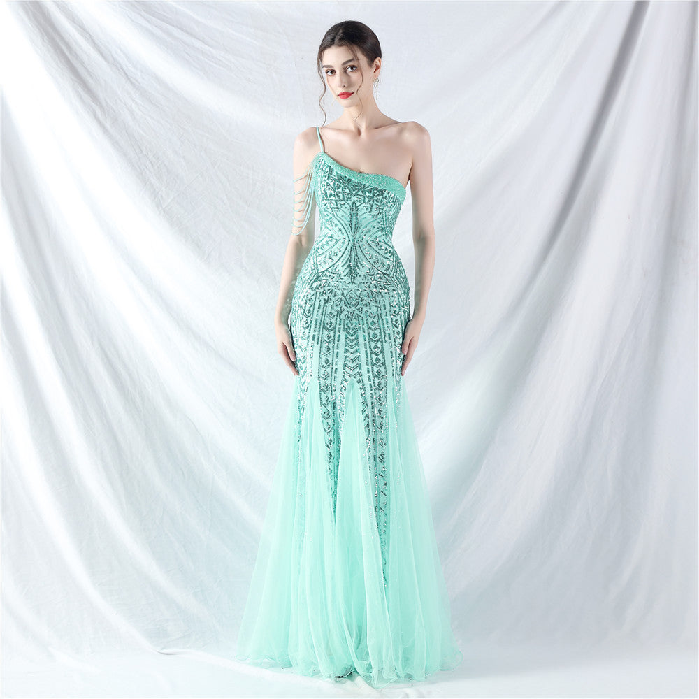 Beaded Patchwork Mesh One Shoulder Formal Gown