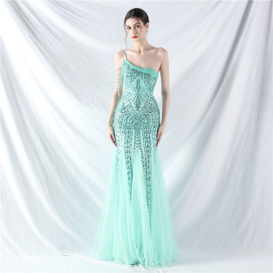Beaded Patchwork Mesh One Shoulder Formal Gown