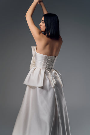 Adalina strapless structured satin A-line wedding dress, back view