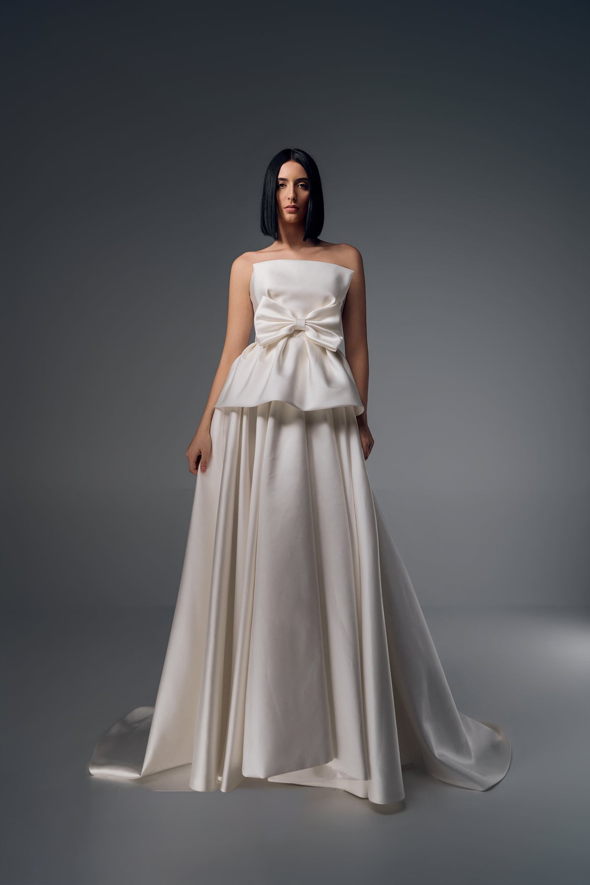 Adalina strapless structured satin A-line wedding dress, front view