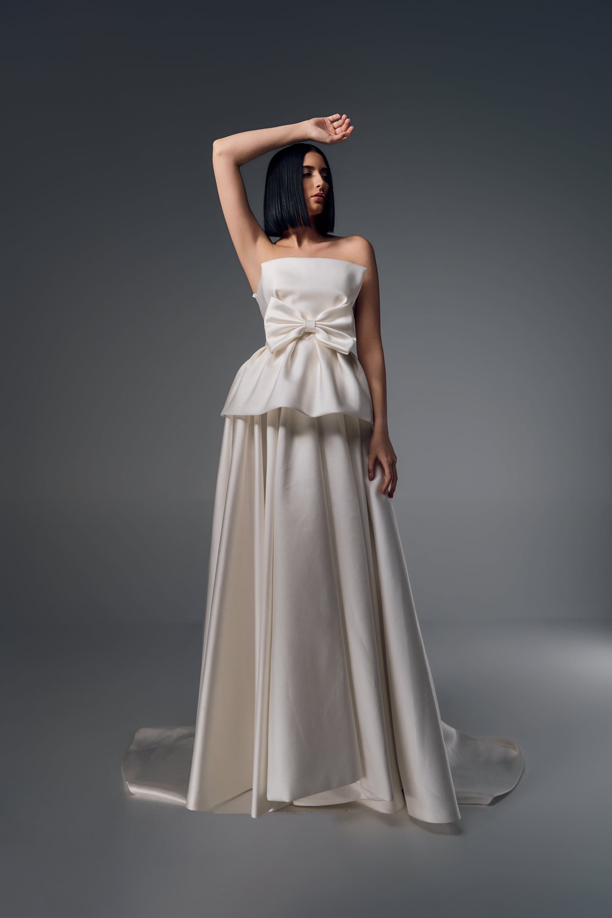 Adalina strapless structured satin A-line wedding dress, full length view