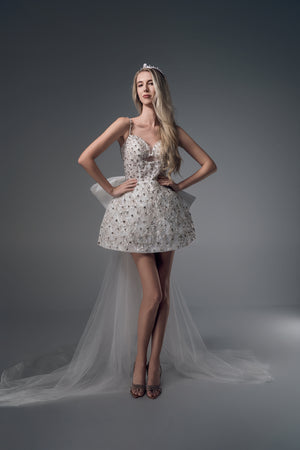 Allegra beaded mini wedding dress with satin bow train, front view