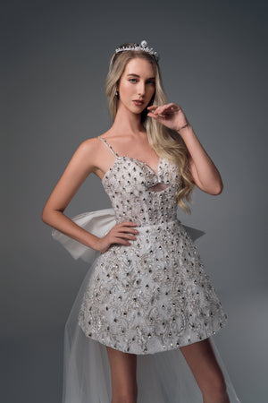 Allegra beaded mini wedding dress with satin bow train, mini view