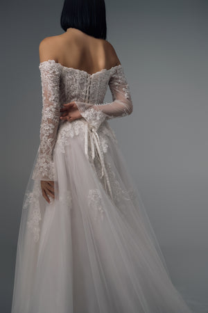 Altheira off-shoulder lace A-line wedding dress, back detail