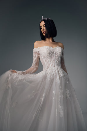 Altheira lace A-line wedding dress, off-shoulder bodice view