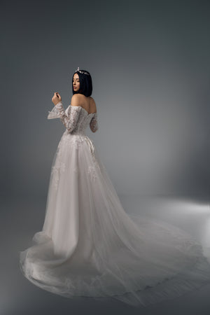 Altheira off-shoulder lace A-line wedding dress, side view