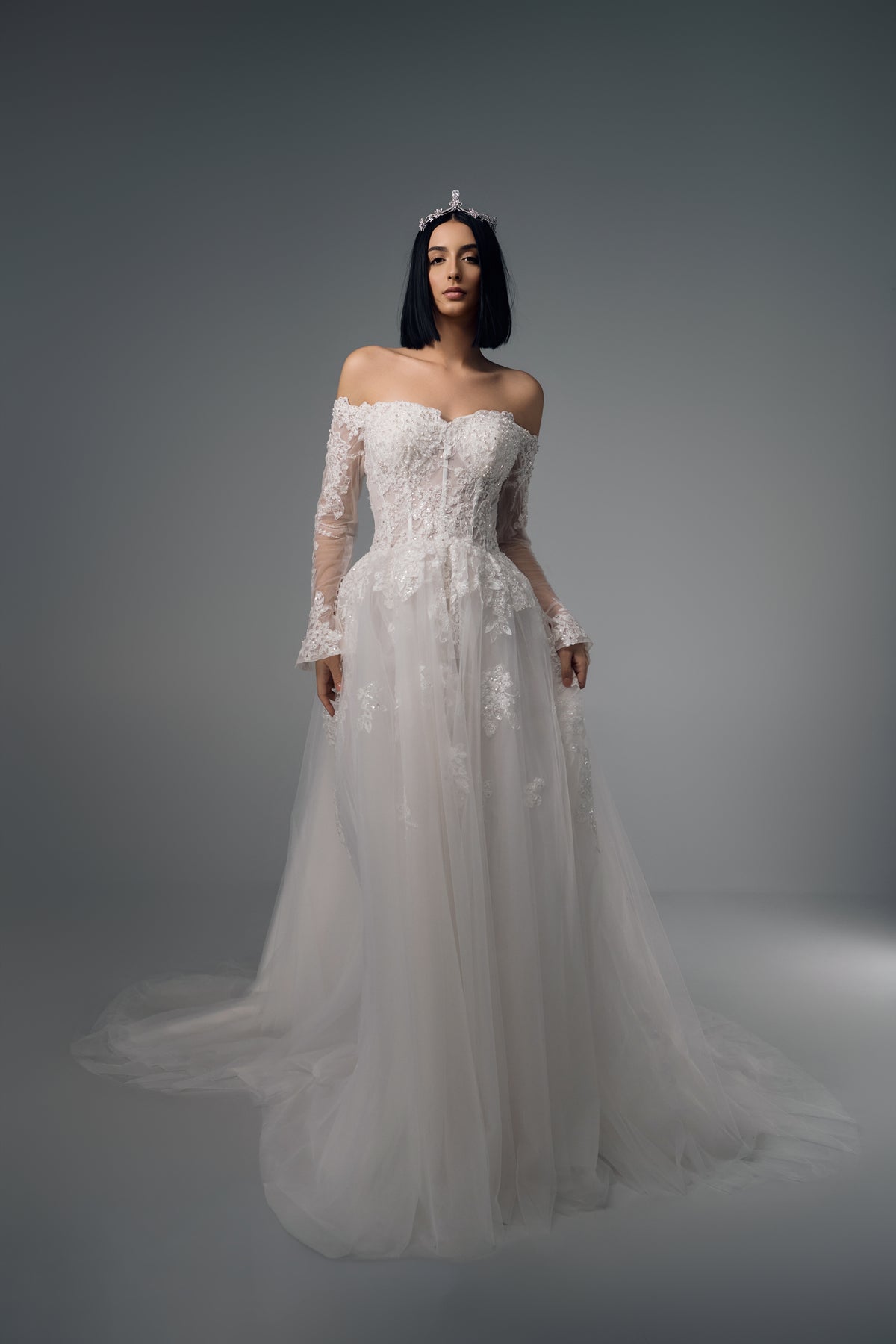 Altheira off-shoulder long-sleeve lace A-line wedding dress, full-length front view
