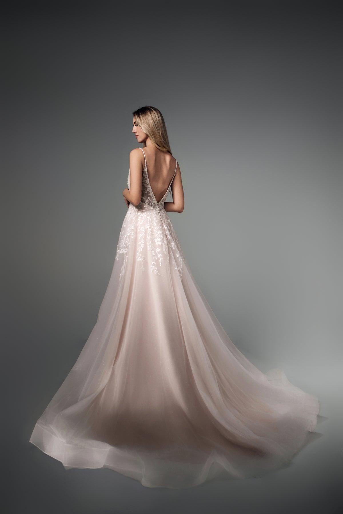 Amabel floral tulle A-line wedding dress with train, back view