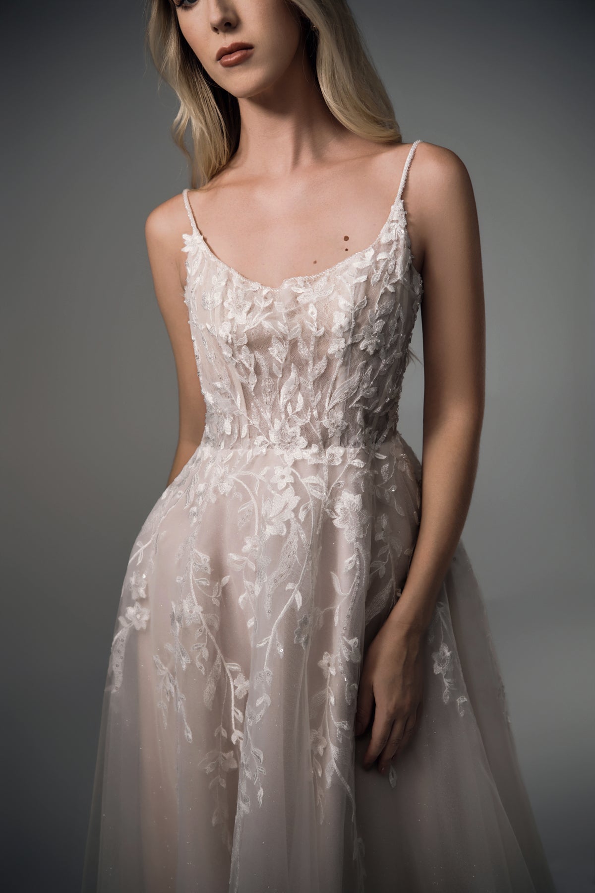 Amabel floral lace bodice and slim straps, close view