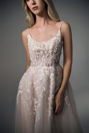 Amabel floral lace bodice and slim straps, close view