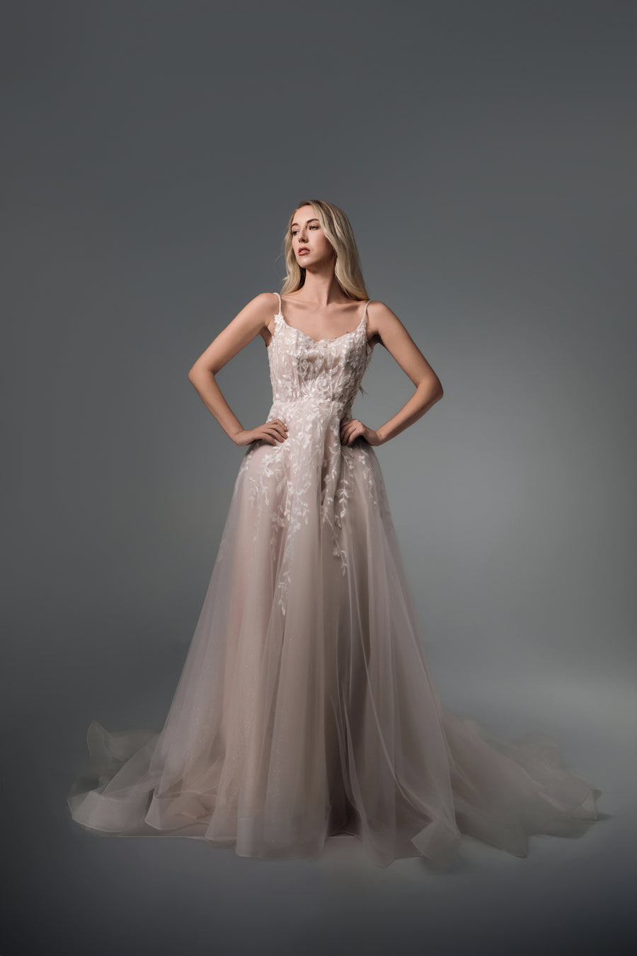 Amabel floral tulle A-line wedding dress with slim straps, front view