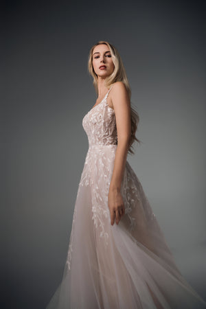 Amabel dimensional floral tulle A-line wedding dress, side view