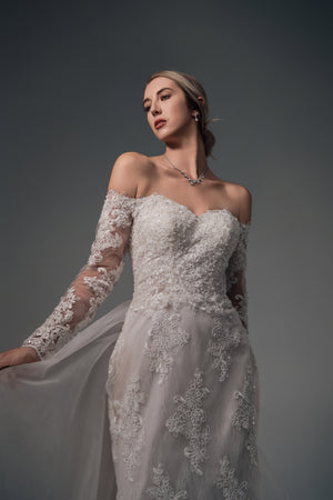 Amaris off-shoulder lace wedding dress, bodice and sleeve detail