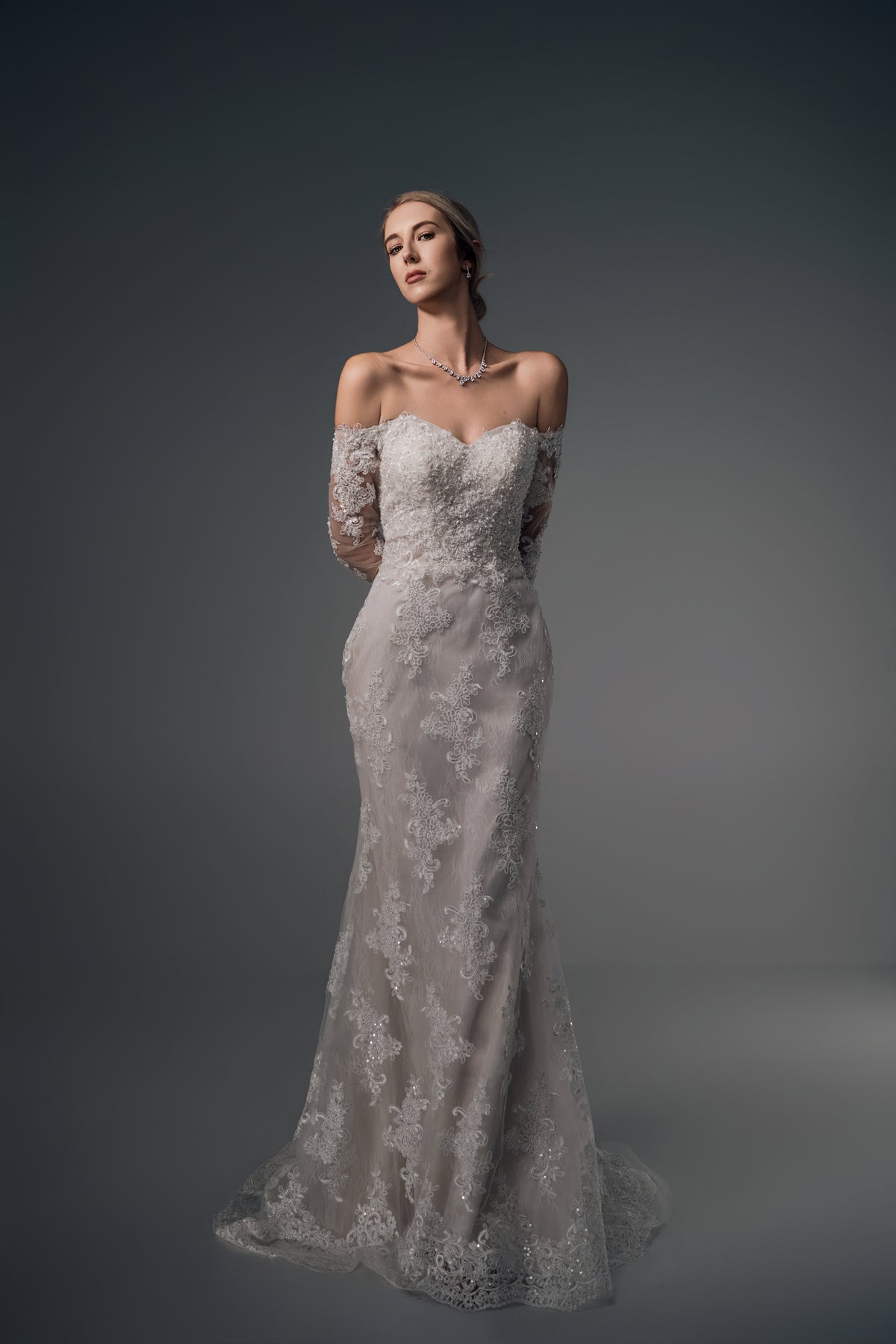 Amaris off-shoulder lace wedding dress, fitted full-length front view