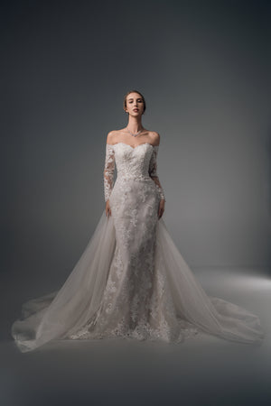 Amaris off-shoulder lace wedding dress with overskirt, full-length front view