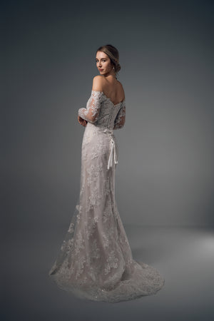 Amaris off-shoulder lace wedding dress, side view