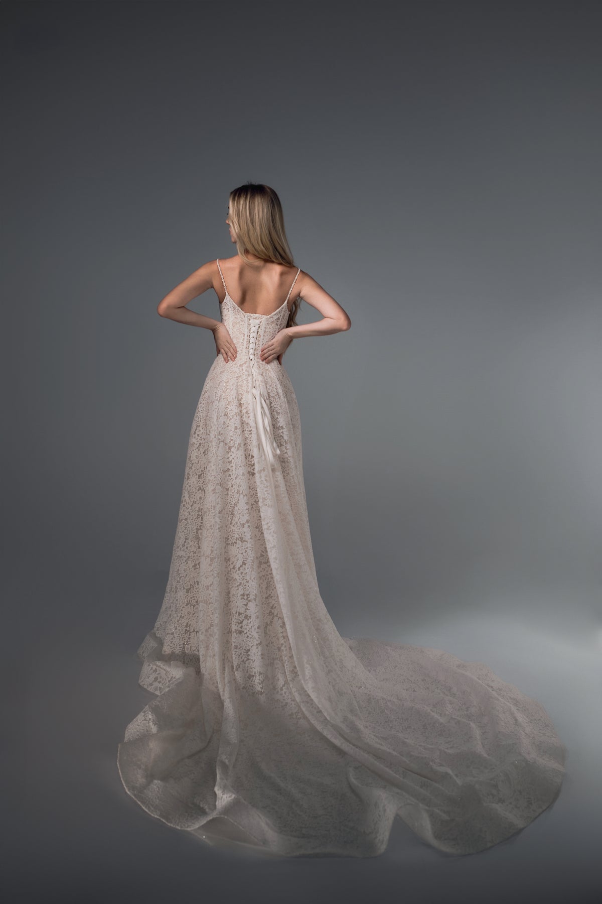 Arabella pearl-strap lace A-line wedding dress, back train view