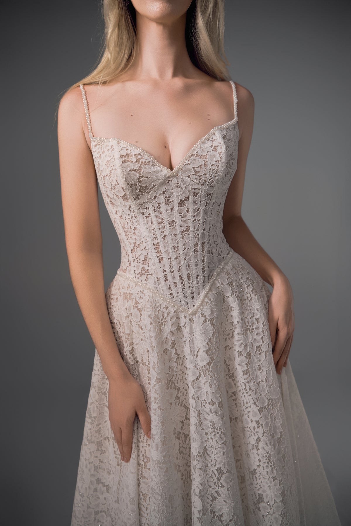 Arabella pearl-strap lace A-line wedding dress, bodice view