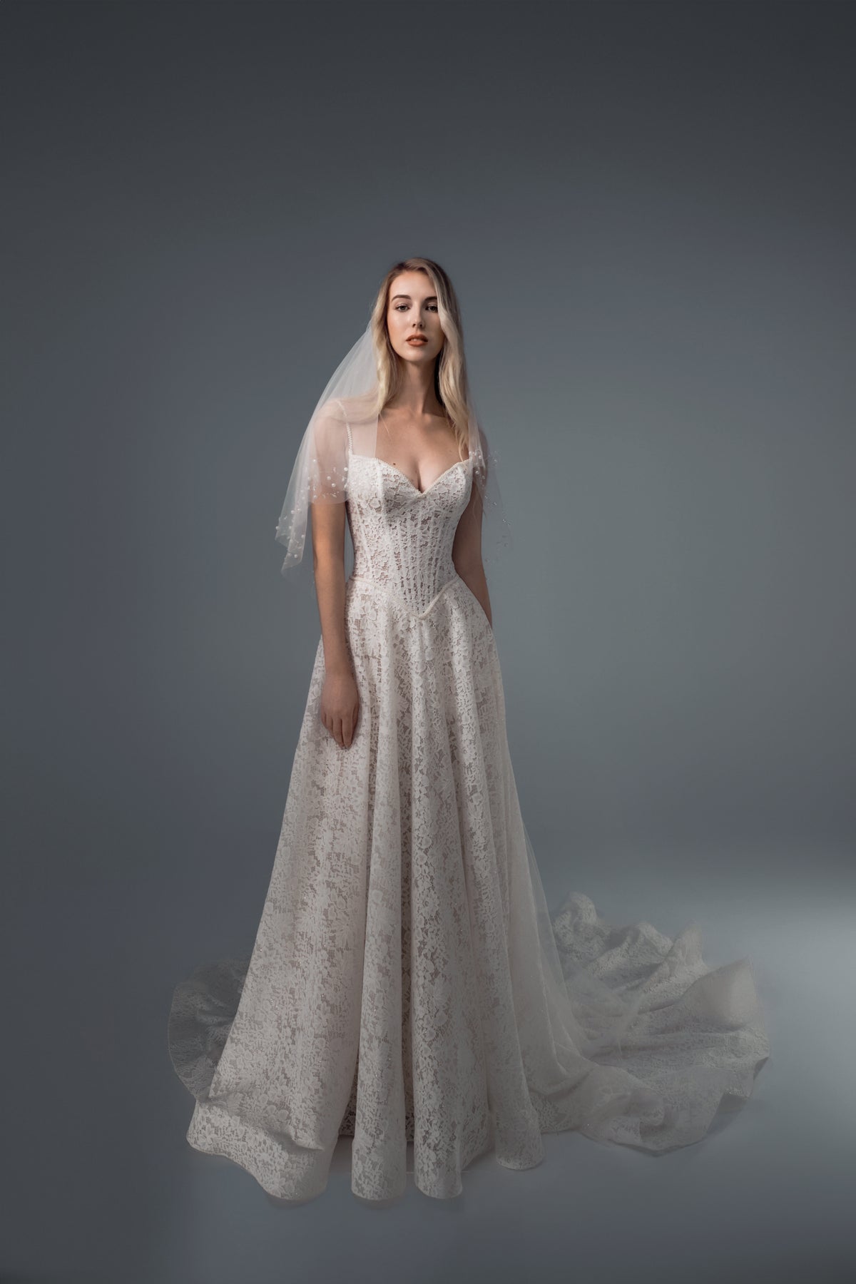 Arabella pearl-strap lace A-line wedding dress, front view