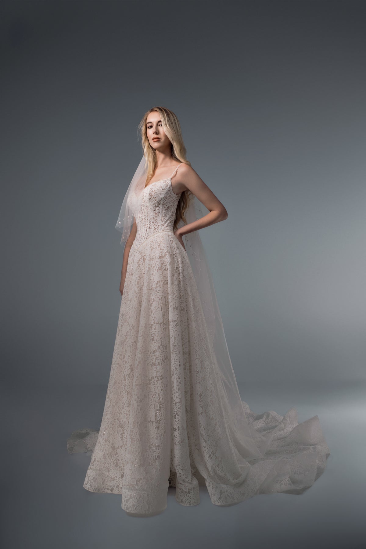 Arabella pearl-strap lace A-line wedding dress, side view