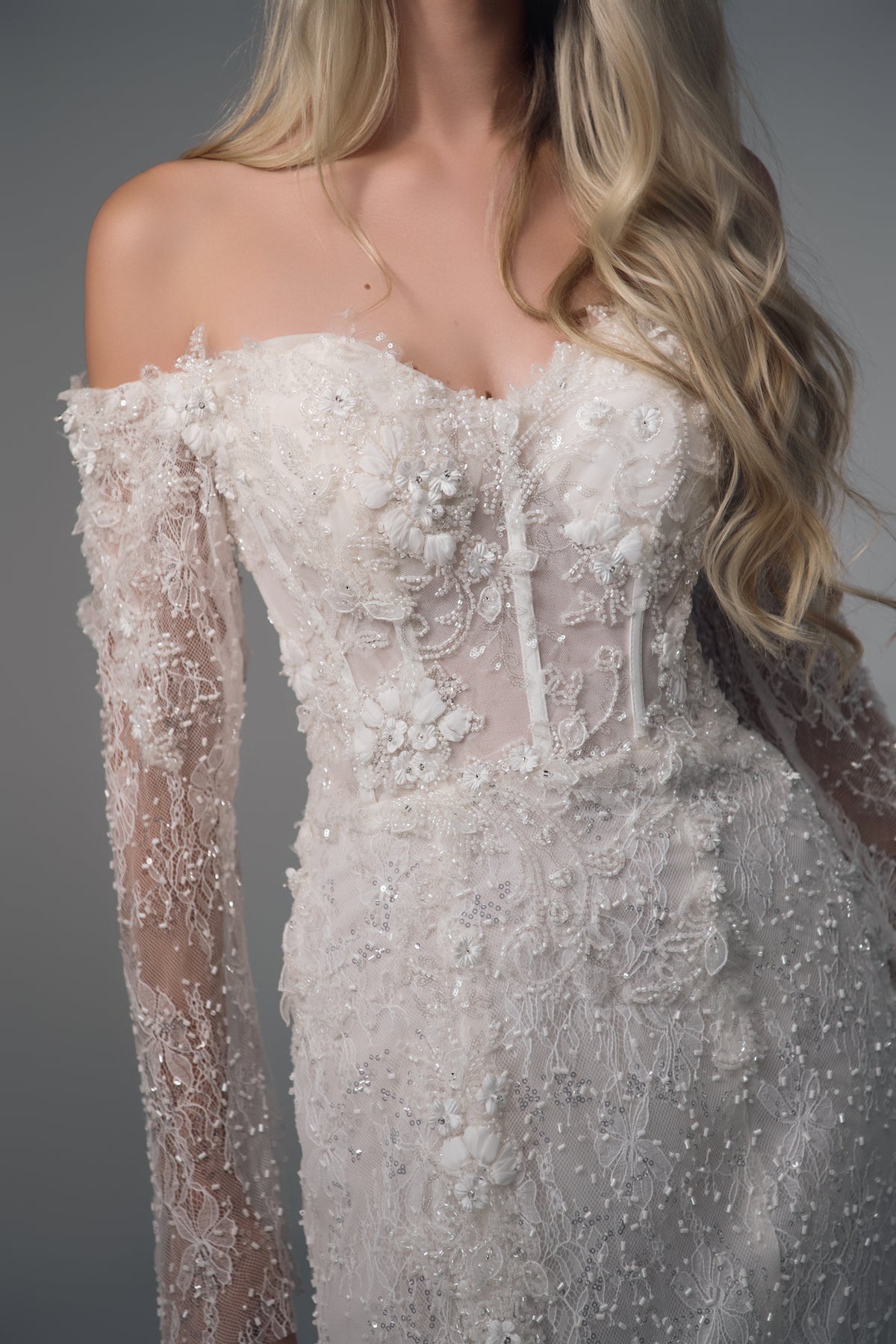 Asteria floral lace mermaid wedding dress, bodice detail